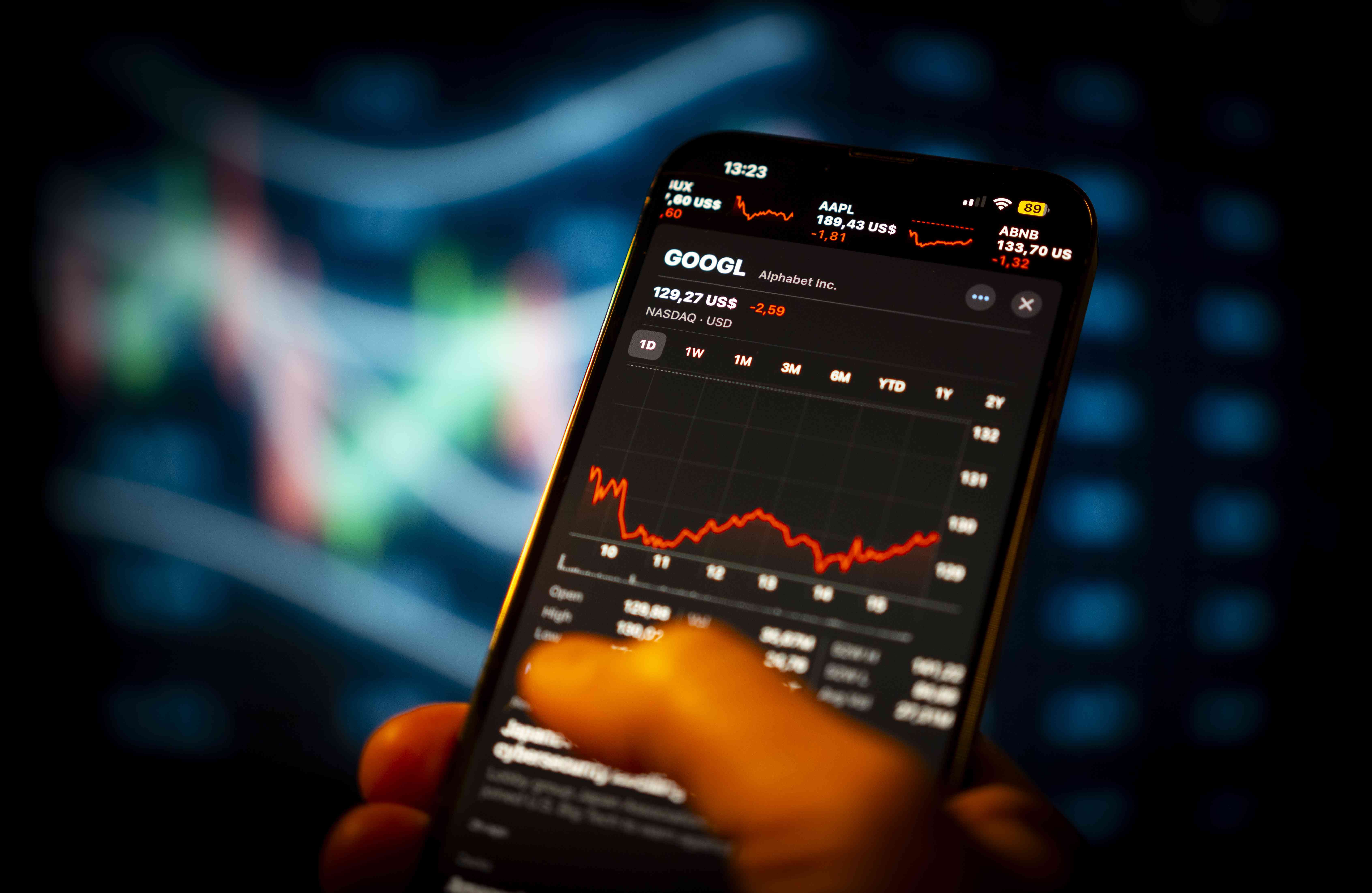 A close-up of a hand holding a cell phone displaying the Alphabet Inc., stock price