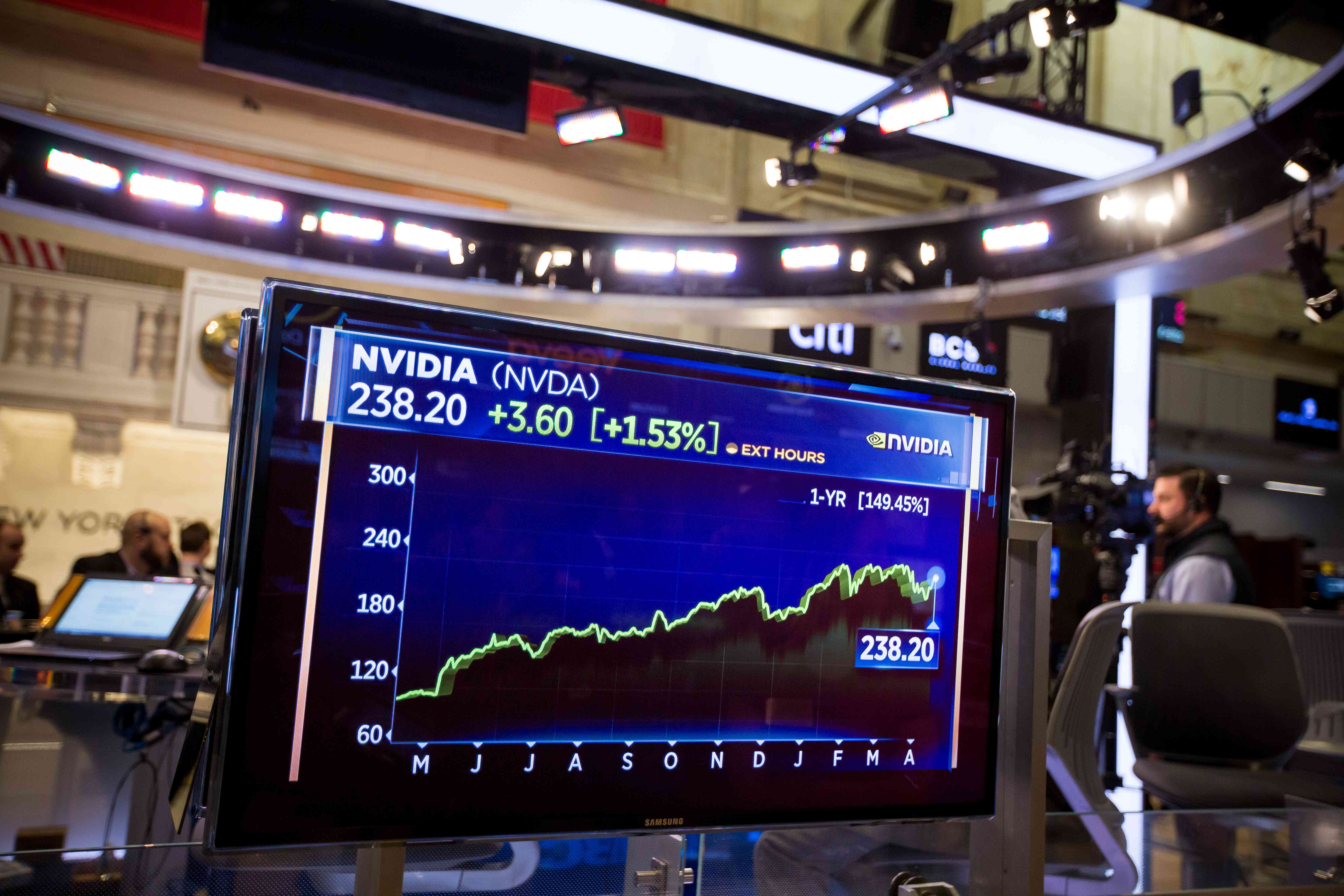 A television monitor displays a Nvidia Corp. stock chart on the floor of the New York Stock Exchange